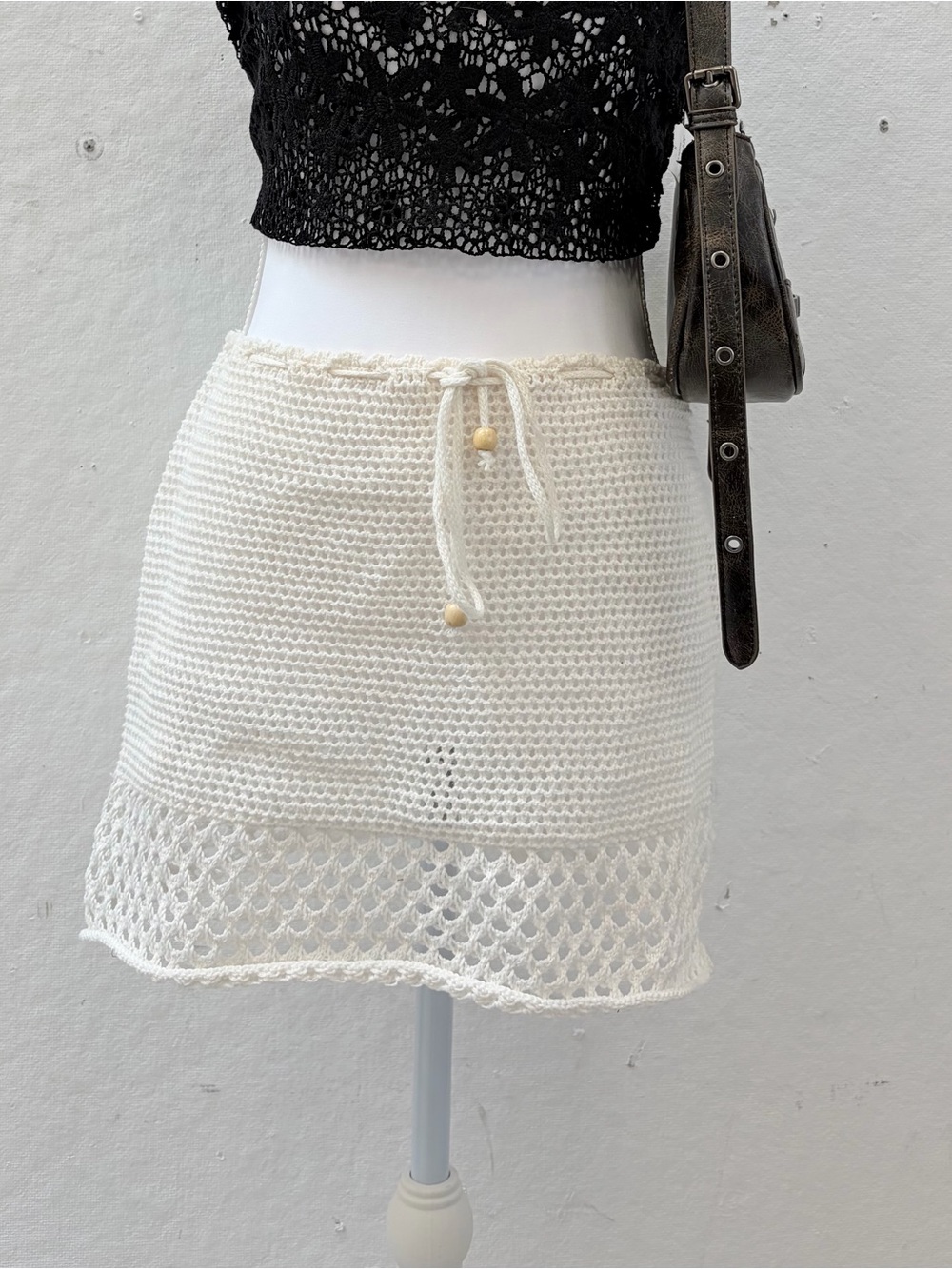 Crochet Drawstring Mini Skirt - White - Picture 4 of 4